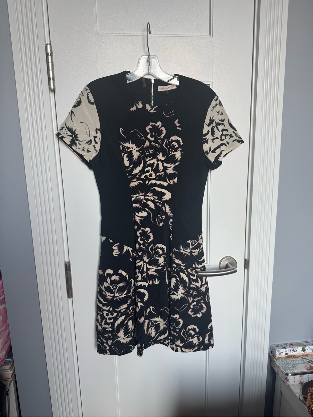 Rebecca Taylor Black and Cream Floral Panel Fit-and-Flare Mini Dress